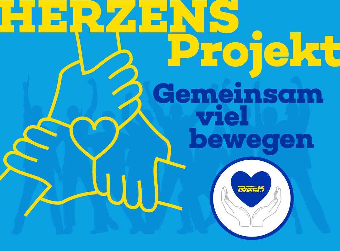 Ein blaues Template, auf dem Hände ineinandergreifen. Der Text lautet: Herzensprojekt. Gemeinsam viel bewegen. Darunter ist das Rieck-Logo.
